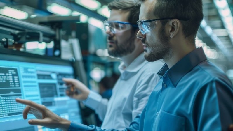 Industriefachkräfte der Automobilbranche vor einem Bildschirm mit Autos