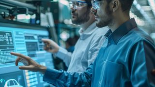 Industriefachkräfte der Automobilbranche vor einem Bildschirm mit Autos