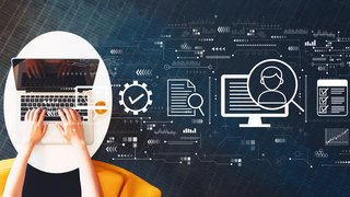 Document management system concept with person using a laptop
