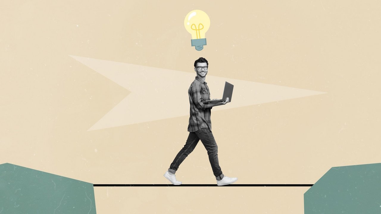 Creative collage picture template of positive clever guy solving task use netbook project startup isolated on painted background