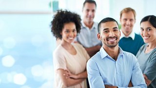 Portrait, happy and business people in office for solidarity, support or motivation with bokeh. Partnership, face and person team with diversity in solidarity for startup, management or collaboration