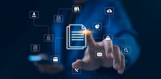Businessman touching with icon document management, data sharing and secure storage.  Concept of digital online document organization and efficient information in modern business. File storage system.
