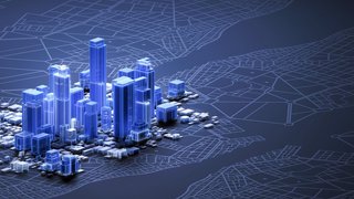 Abstract futuristic city downtown on dark background with skyscrapers, city map and copy space