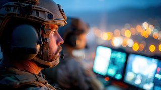 Soldiers operating a drone at night