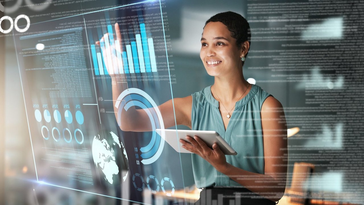 Black woman with tablet, smile and dashboard overlay for erp data innovation, research and programming in future technology. Futuristic analytics, IT management and startup business website software.