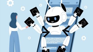 Productivity and automation of chatbot assistant. Tiny woman working with multitasking robot on smartphone screen, bot with many hands holding document and folder, cursor cartoon vector illustration