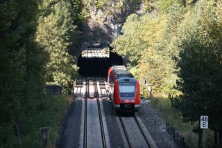 Ein Triebzug der Baureihe 612 ist auf der Bahnstrecke Nürnberg–Cheb in Richtung Nürnberg unterwegs. Im Abschnitt zwischen Vorra und Neuhaus an der Pegnitz hat er gerade den Gotthardtunnel passiert, überquert anschließend die Pegnitz und taucht bei Streckenkilometer 46,6 in den Sonnenburgtunnel ein.